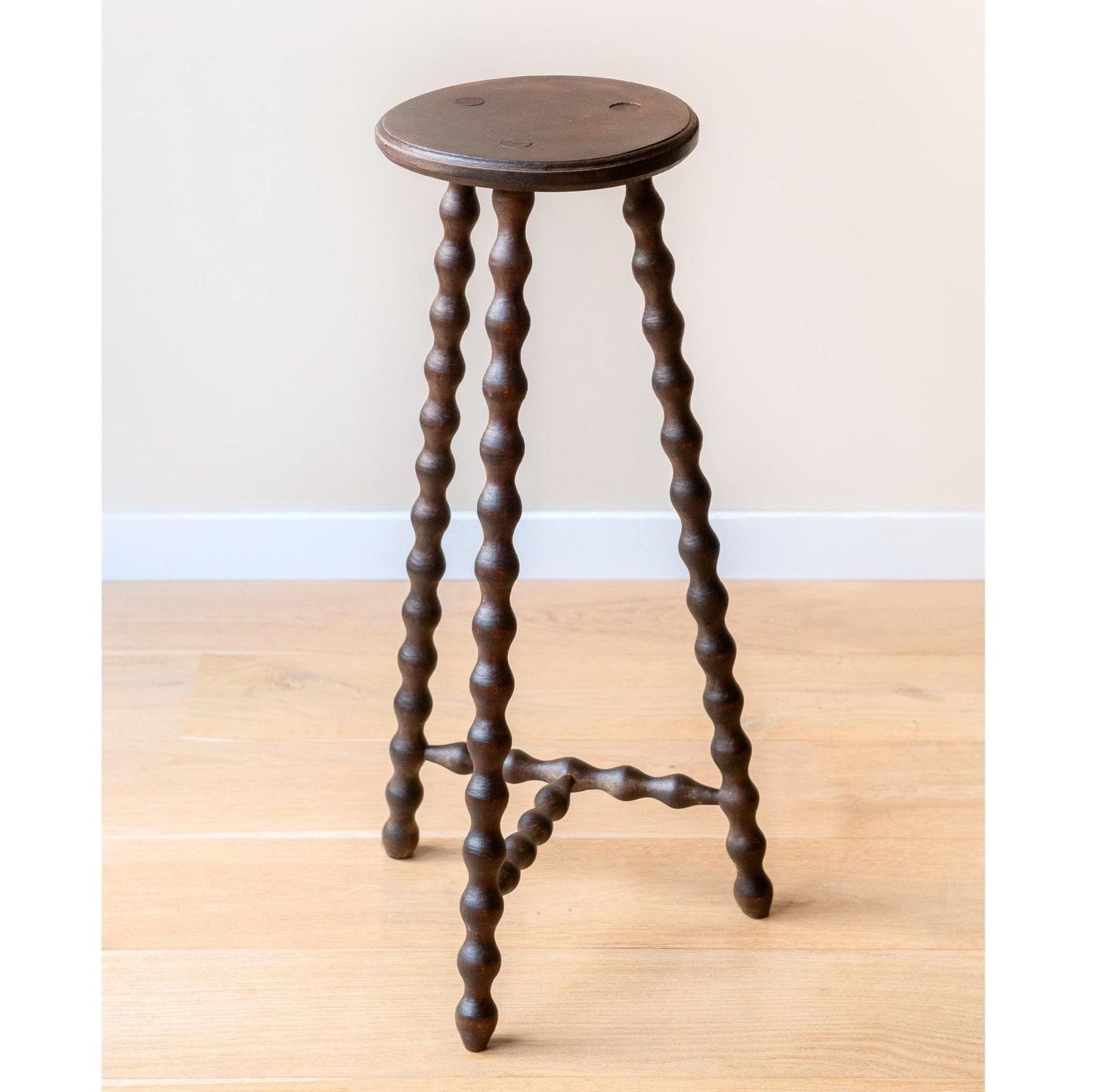 Tall Bobbin Plant Stand Wooden Milking Stool With Turned Legs French Oak Side Table Country Cottage Home Decor