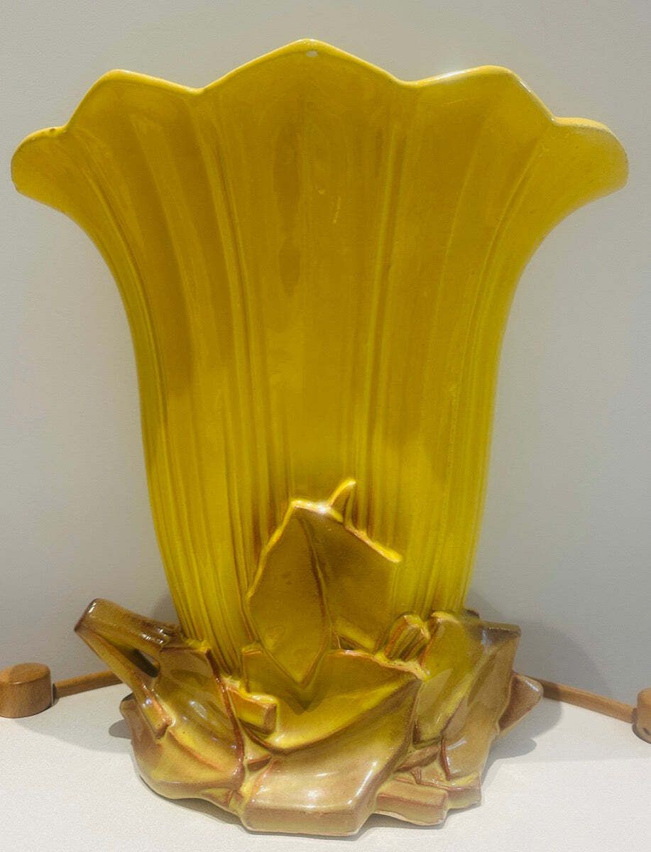 Vintage 1950s Mccoy USA Pottery Yellow & Gold Glazed Tulip Fan Vase photo for sale
