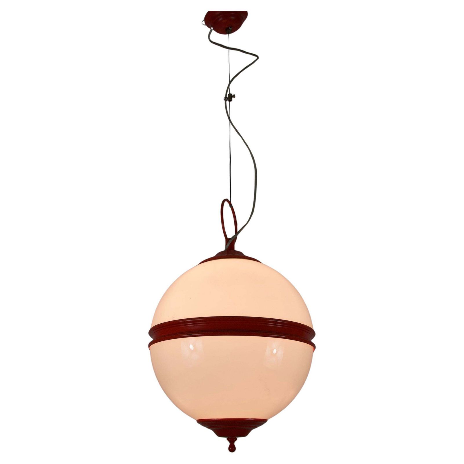 Mid Century Red Metal And Opal Glass Ceiling Lamp, Italy, 1960s