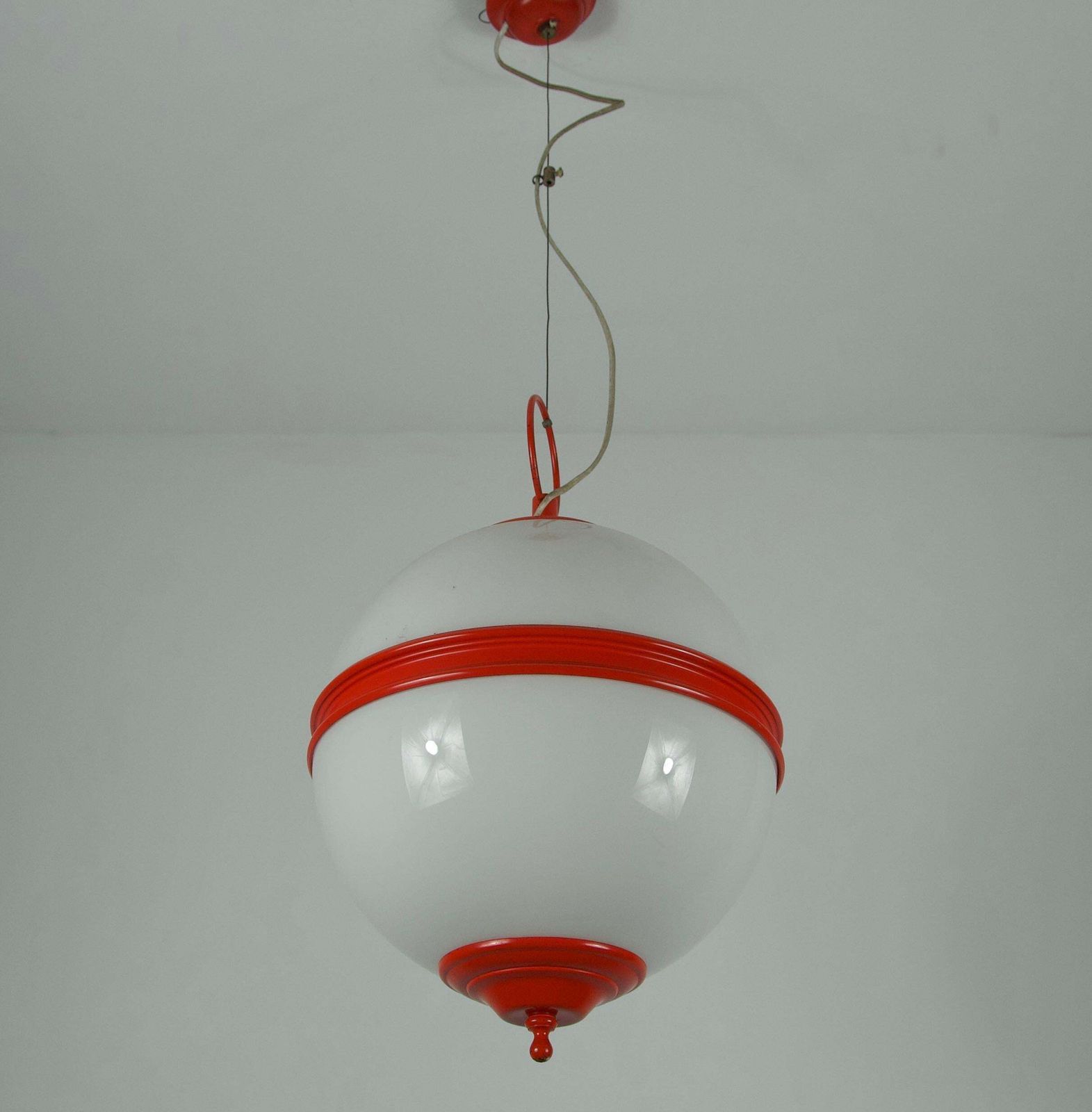 photo for sale Mid Century Red Metal And Opal Glass Ceiling Lamp, Italy, 1960s