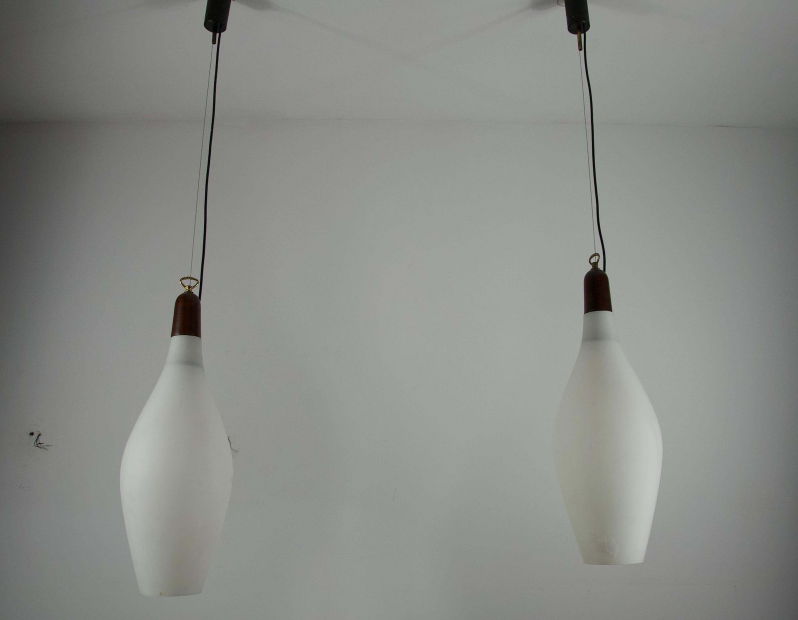 Pair Of Mid Century Teak And Opal Glass Pendant Lamps, Italy, 1960s photo 2014.0