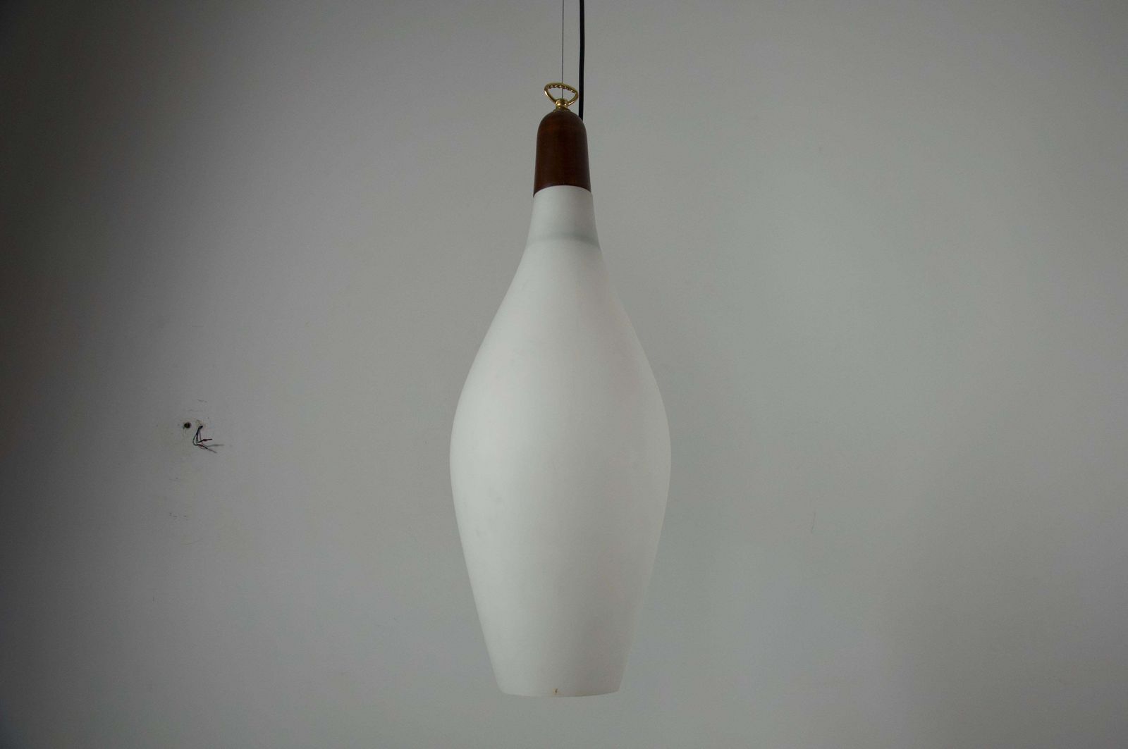 Pair Of Mid Century Teak And Opal Glass Pendant Lamps, Italy, 1960s photo vinterior
