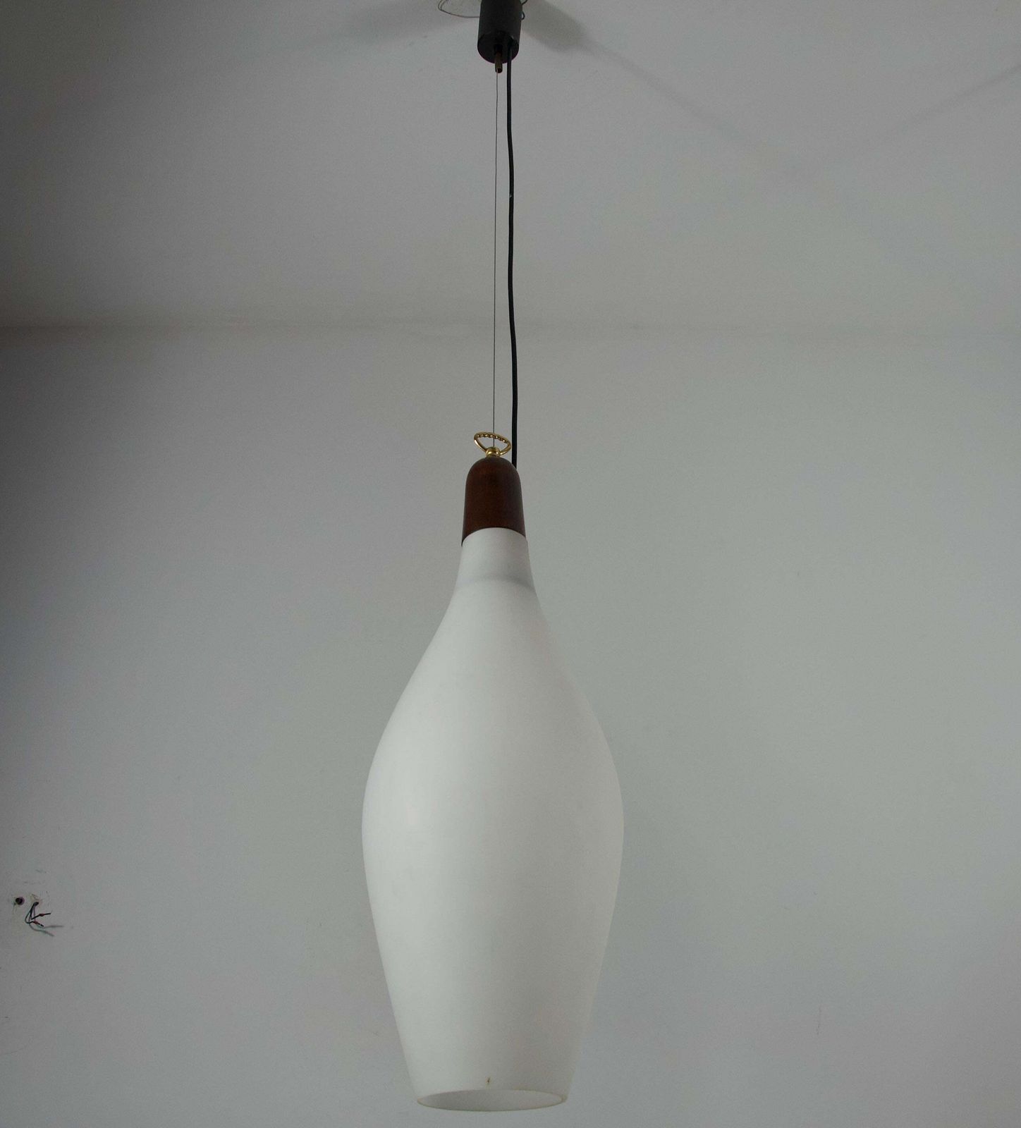 Pair Of Mid Century Teak And Opal Glass Pendant Lamps, Italy, 1960s photo vintage