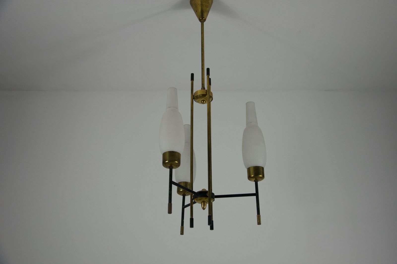Stilnovo Brass And Opal Glass Chandelier, Italy, 1960s photo for sale