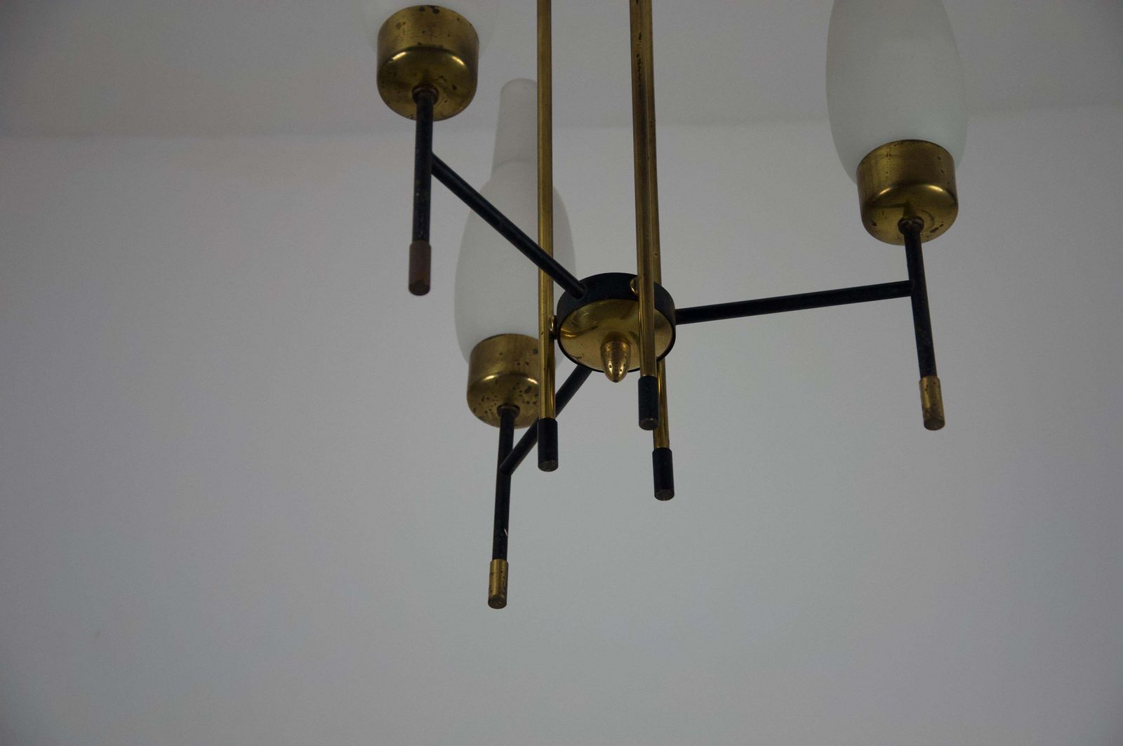 photo for sale Stilnovo Brass And Opal Glass Chandelier, Italy, 1960s