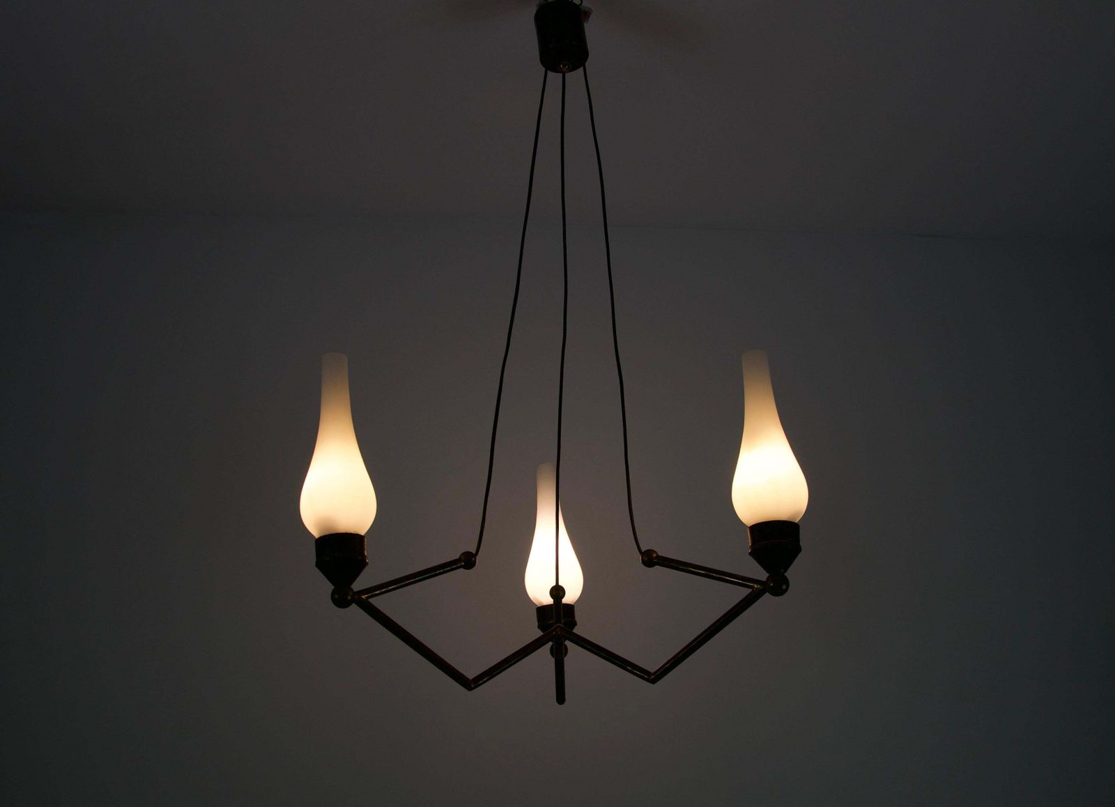 1385.0 Stilnovo Brass And Opal Glass Chandelier, Italy, 1960s photo