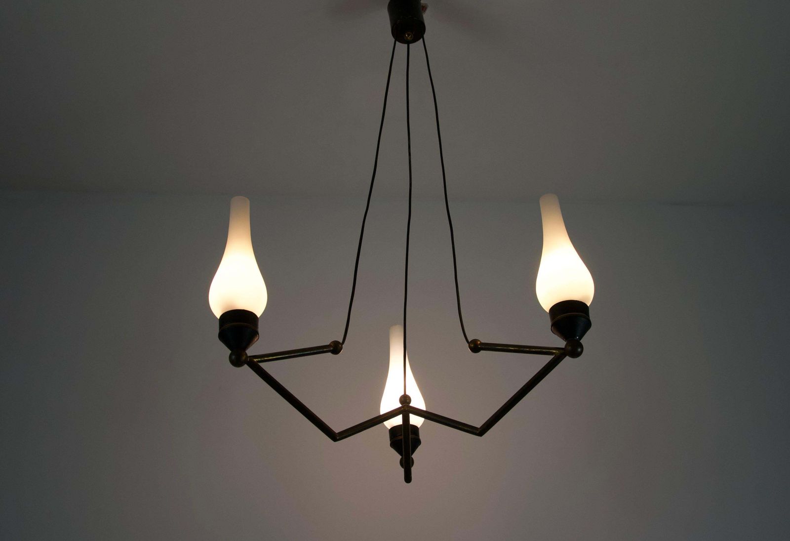 photo vinterior Stilnovo Brass And Opal Glass Chandelier, Italy, 1960s