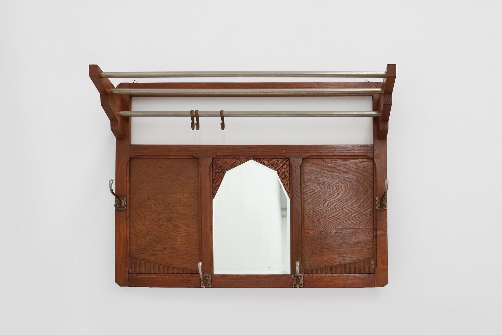 Art Deco Oak Carved Wall Coat Rack With Mirror, France, 1920s photo for sale