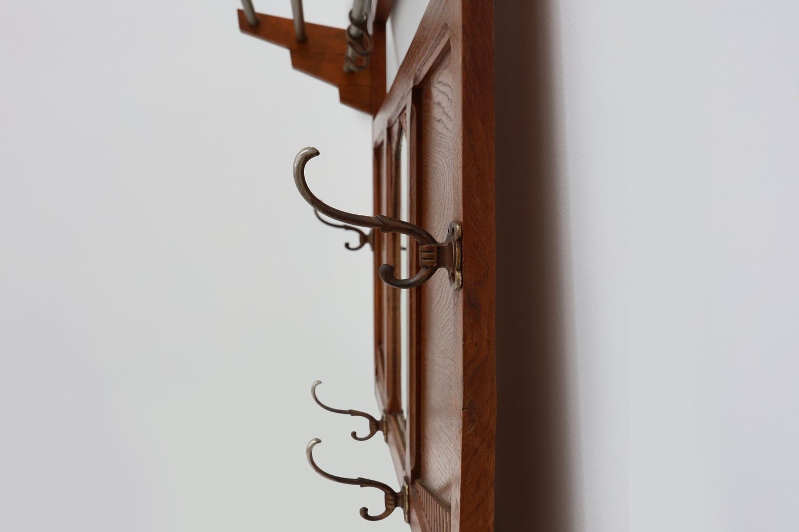 Art Deco Oak Carved Wall Coat Rack With Mirror, France, 1920s photo buy