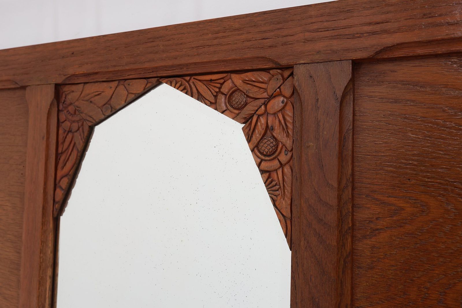 photo vinterior Art Deco Oak Carved Wall Coat Rack With Mirror, France, 1920s