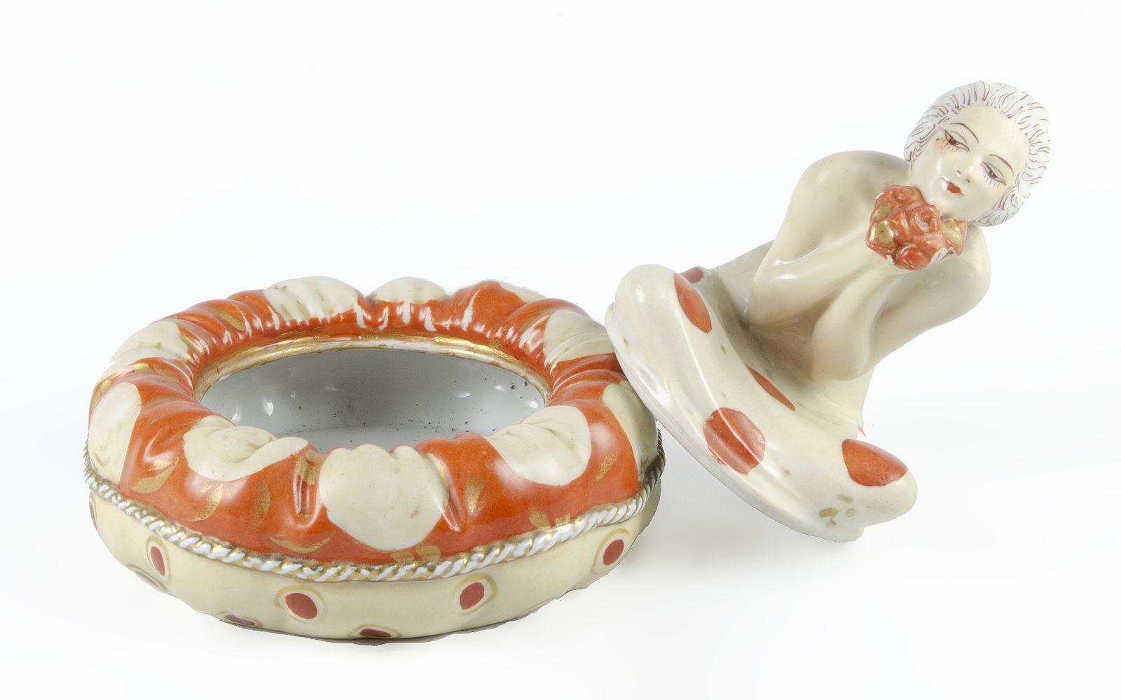 Early 20th Century Art Déco Hand Painted Ceramic Cosmetic Powder Bowl Of A Lady Sitting Over A Large Pillow By Aladin, France photo Home Decor