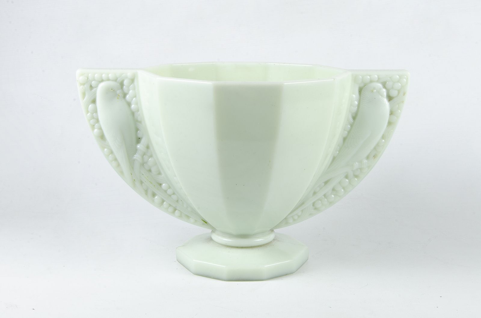 Pair Of Early 20th Century Art Déco Pale Green Opaline Glass Decorative Vases With Parrot Handles, France photo for sale