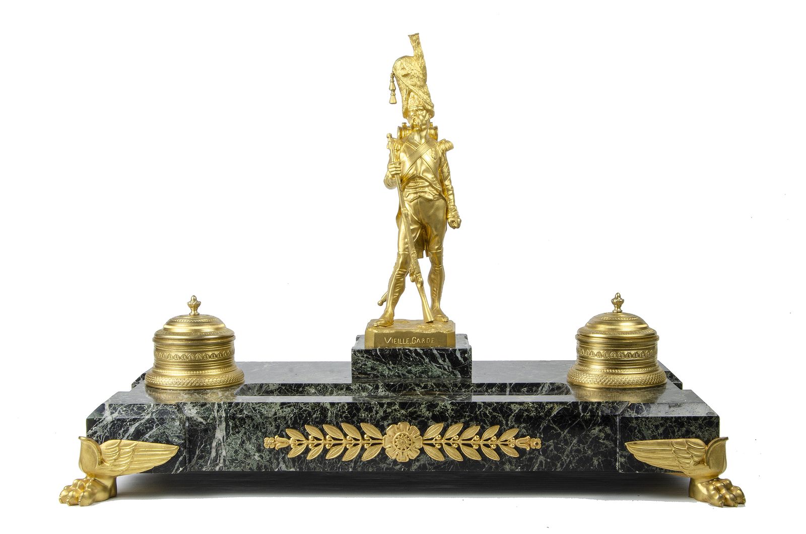 Late 19th Century Napoleon III 'Vieille Garde' Sculpture With Inkwells And Marble Base Inkstand By Armand Le Véel And Susse Frères, France photo vinterior