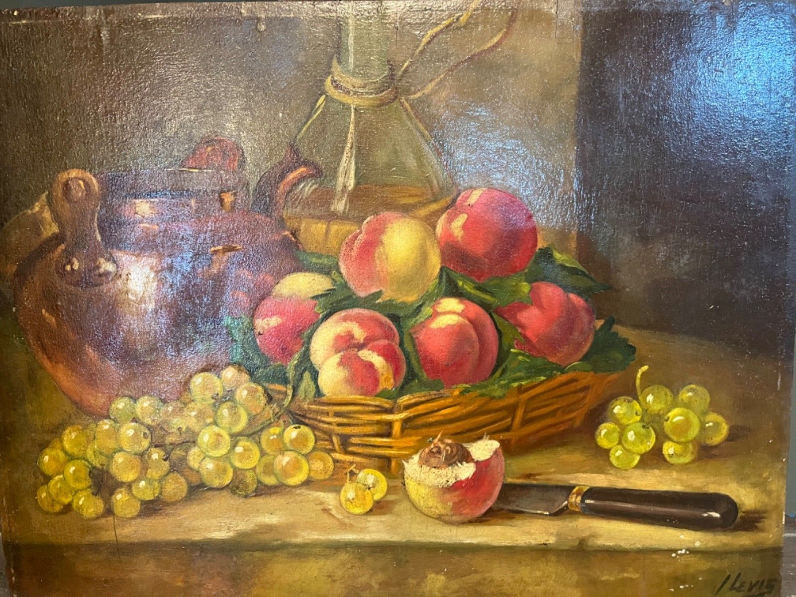 Antique Oil Painting On Board Still Life Fruit/Peaches French Origins Early 1900 photo vintage