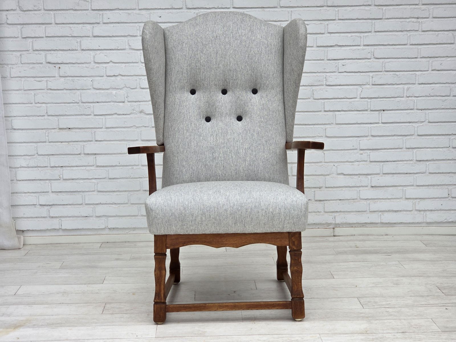 1950s, Danish High Backed Armchair, Reupholstered, Wool, Oak Wood. photo Furniture