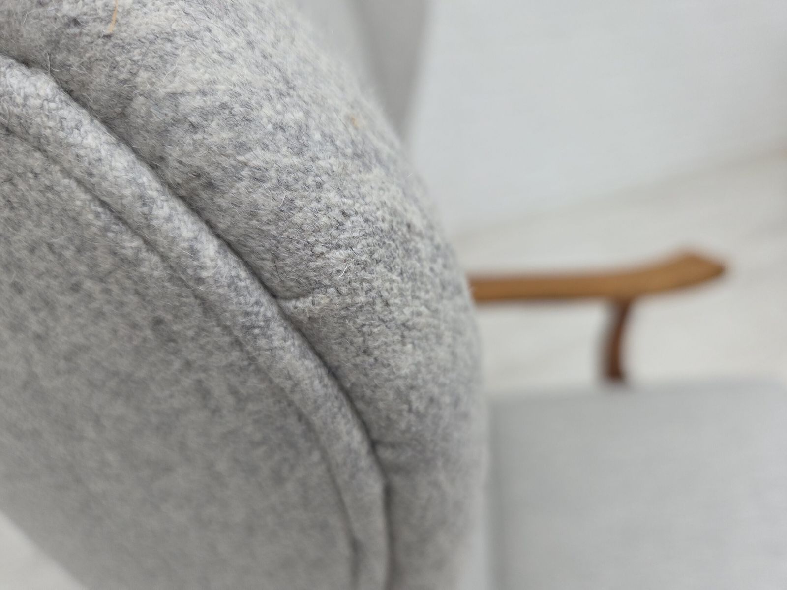 photo for sale 1950s, Danish High Backed Armchair, Reupholstered, Wool, Oak Wood.