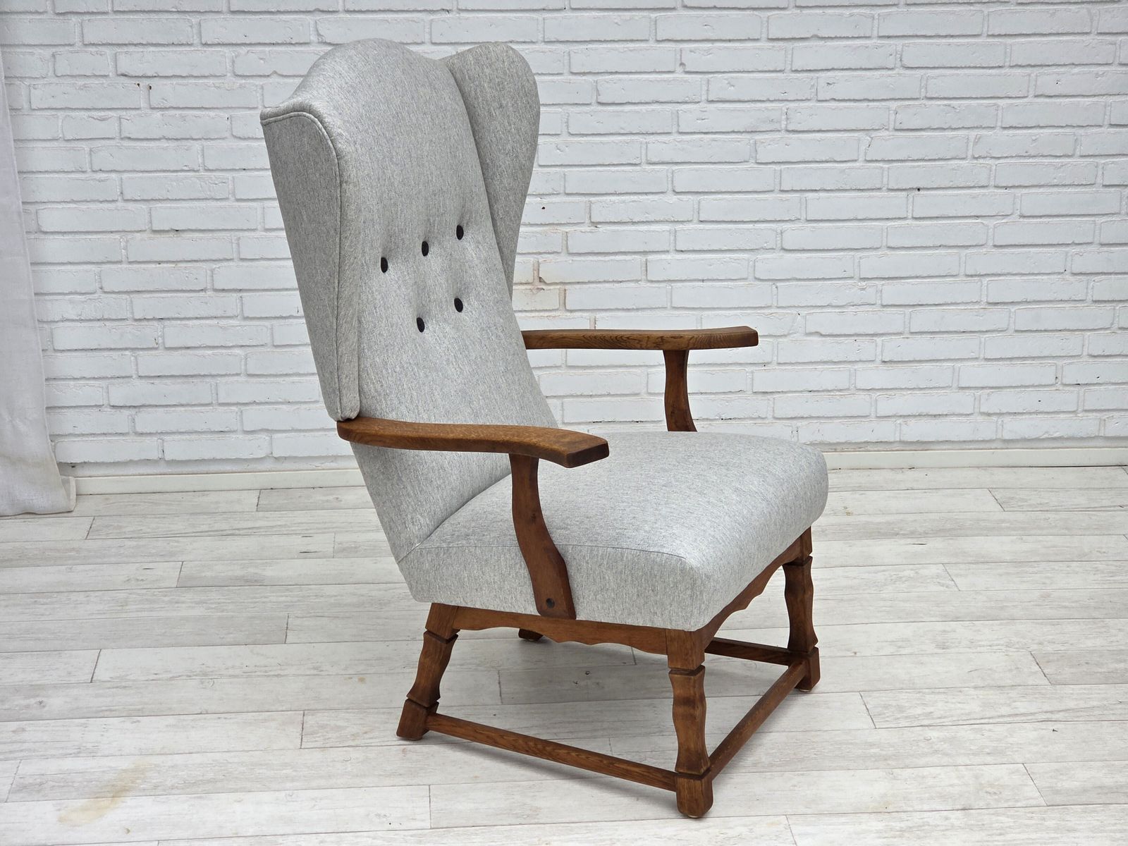 Furniture 1950s, Danish High Backed Armchair, Reupholstered, Wool, Oak Wood. photo
