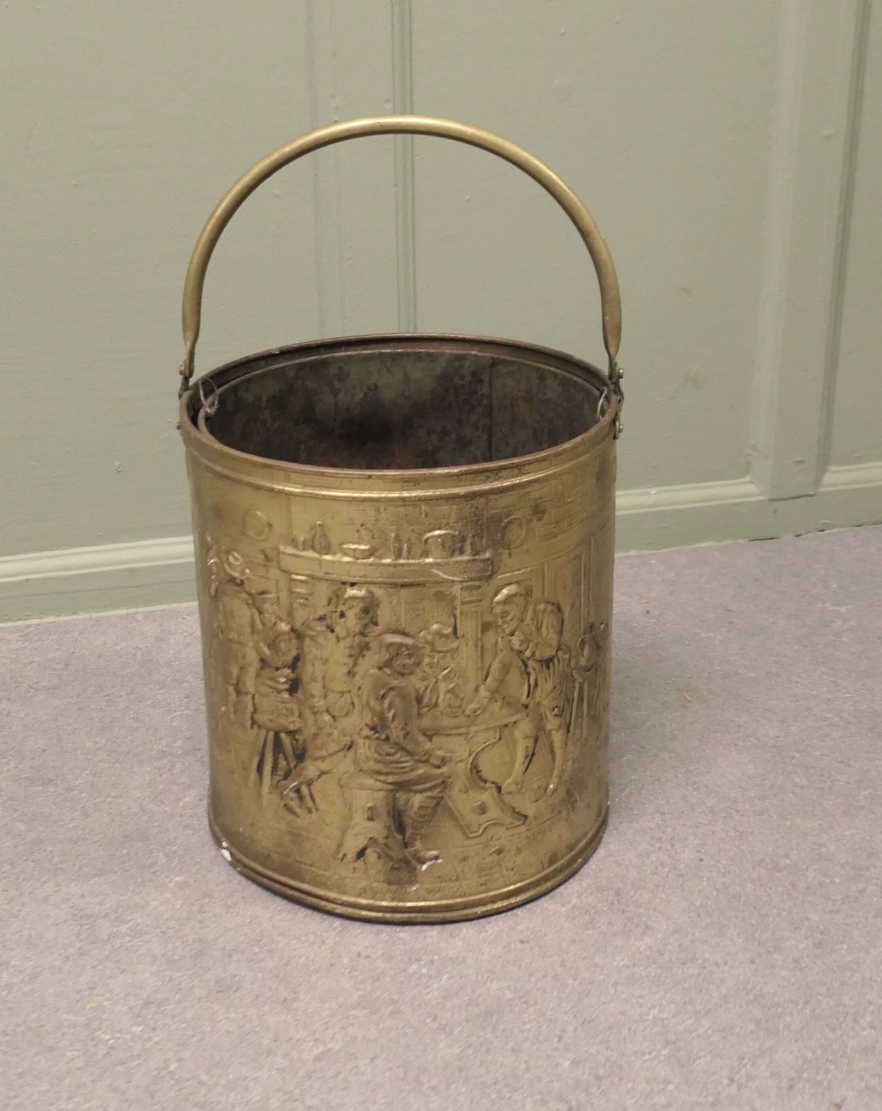 Arts And Crafts Brass Coal Bucket With Tavern Scenes photo furniture