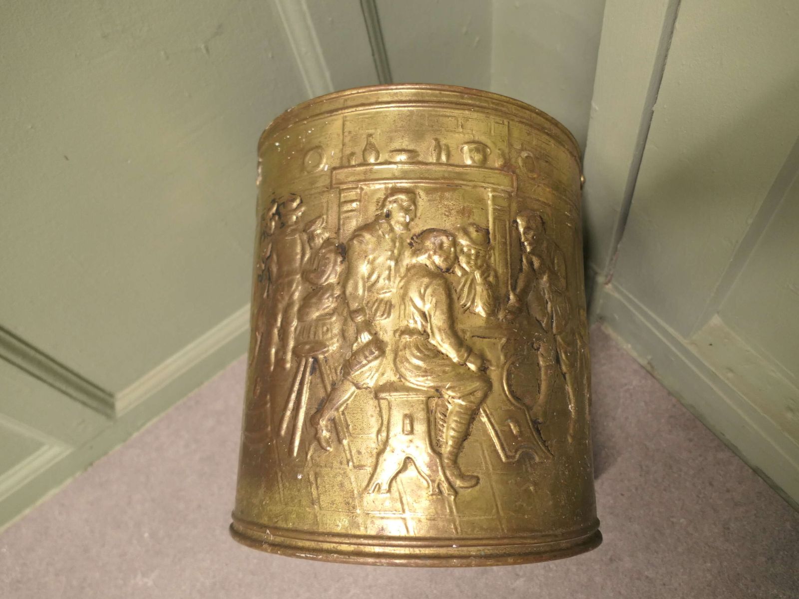 Arts And Crafts Brass Coal Bucket With Tavern Scenes photo for sale