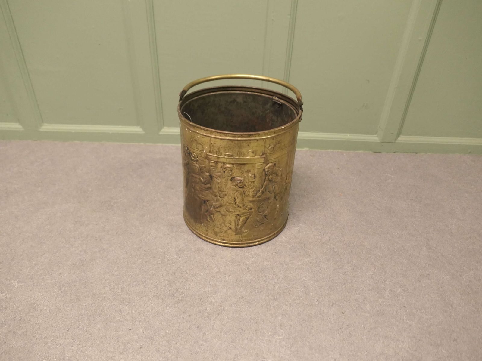 Arts And Crafts Brass Coal Bucket With Tavern Scenes photo 360.0