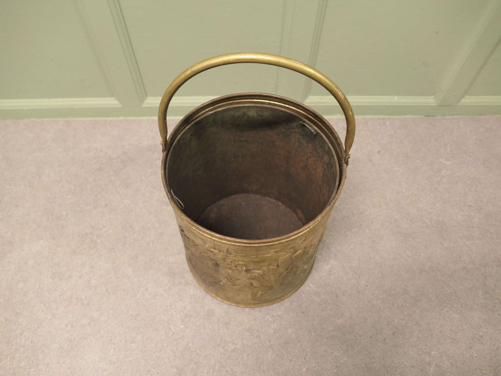 Arts And Crafts Brass Coal Bucket With Tavern Scenes photo buy