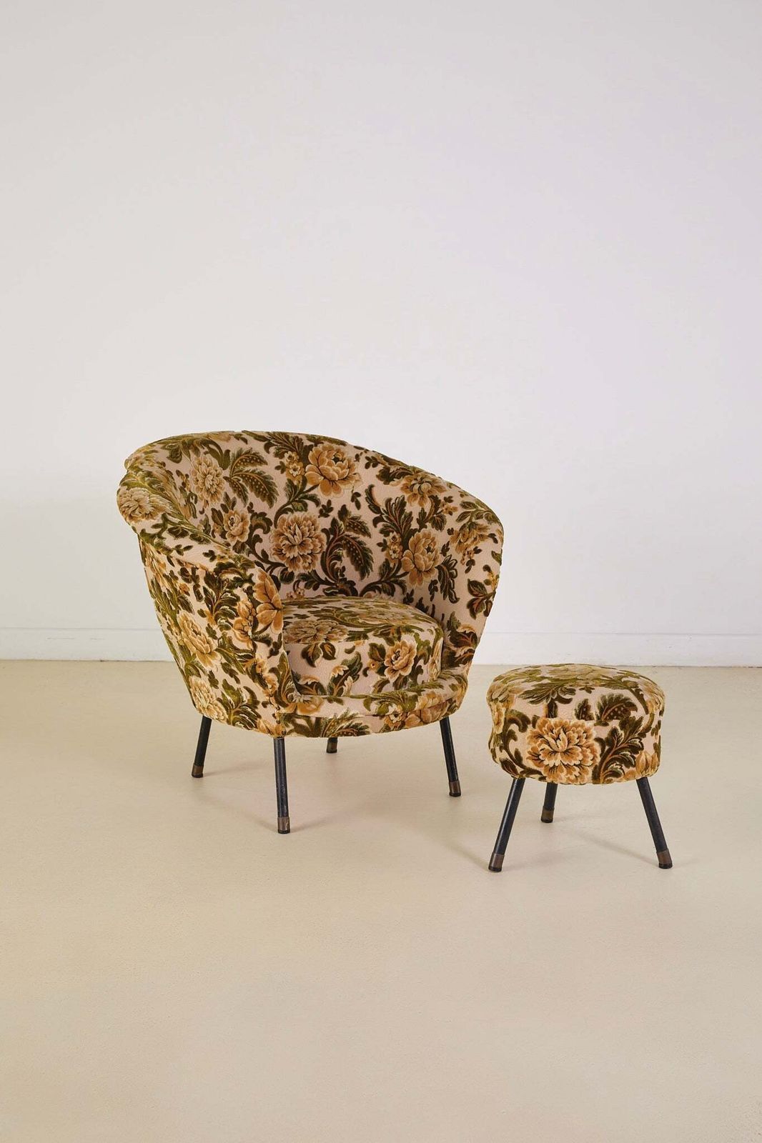 Italian Velvet Floral Armchair And Pouffe