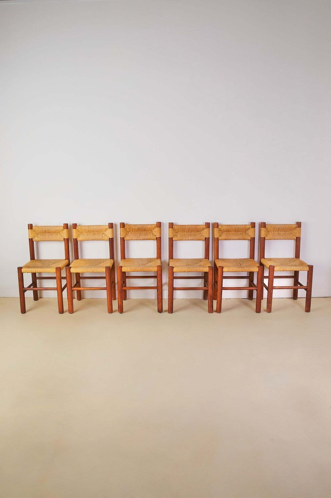 Set Of X6 French Mid Century Wood And Rush Dining Chairs photo furniture