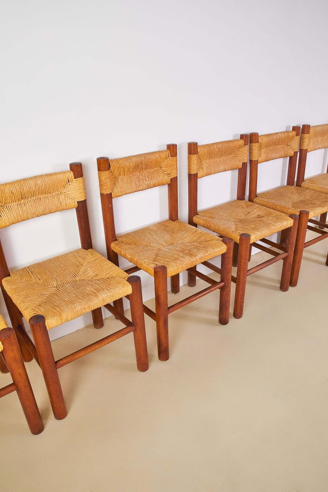 Set Of X6 French Mid Century Wood And Rush Dining Chairs photo for sale