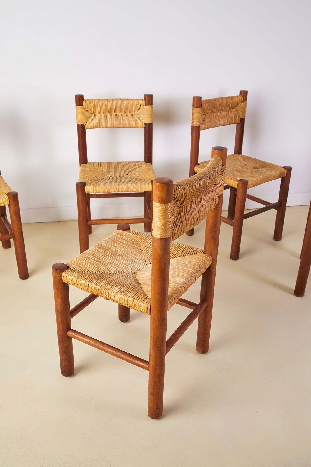 Set Of X6 French Mid Century Wood And Rush Dining Chairs photo Furniture