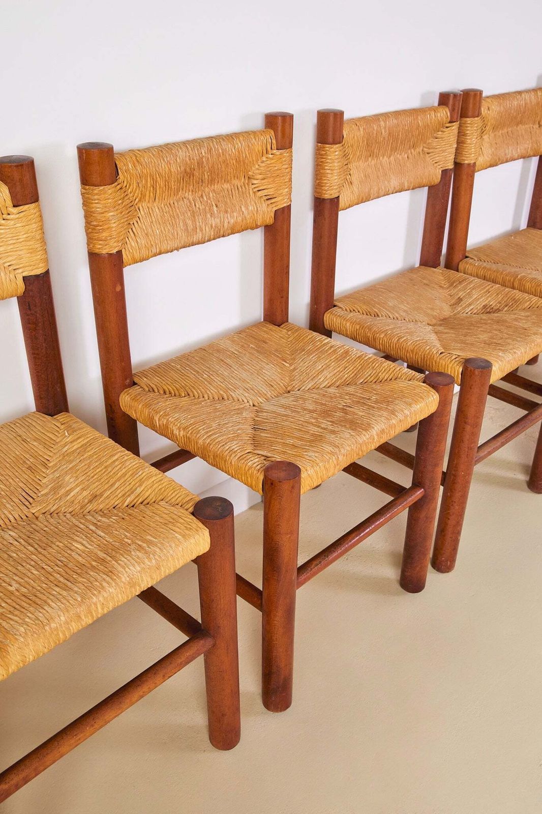 Set Of X6 French Mid Century Wood And Rush Dining Chairs photo 3600.0