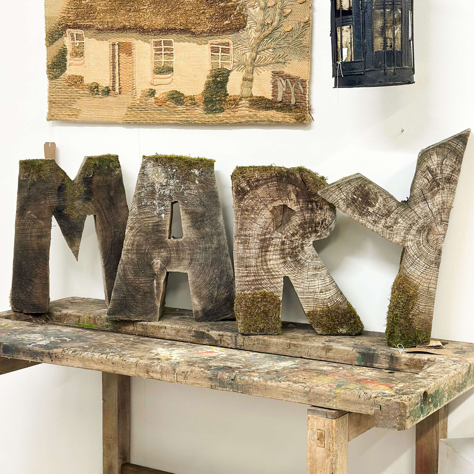 20th Century Hand Cut Decorative Wooden Mary Lettering With Natural Moss Accents photo furniture