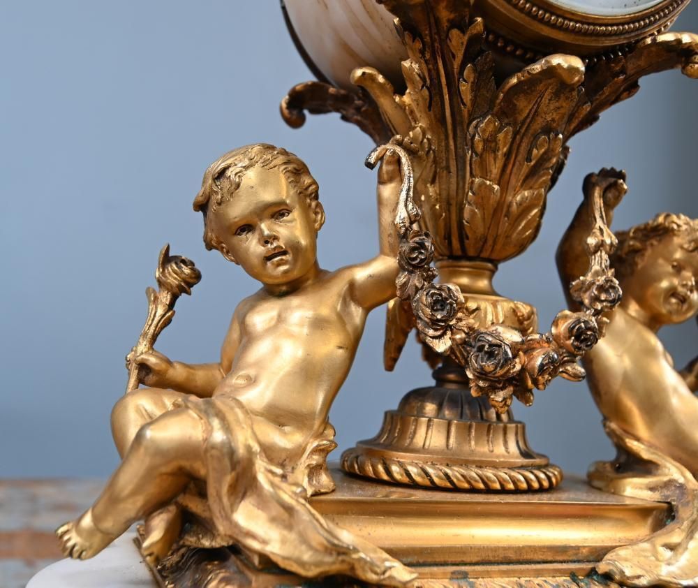 French Gilt Clock Set Garniture Cherub Candelabras Louis XV photo vinterior