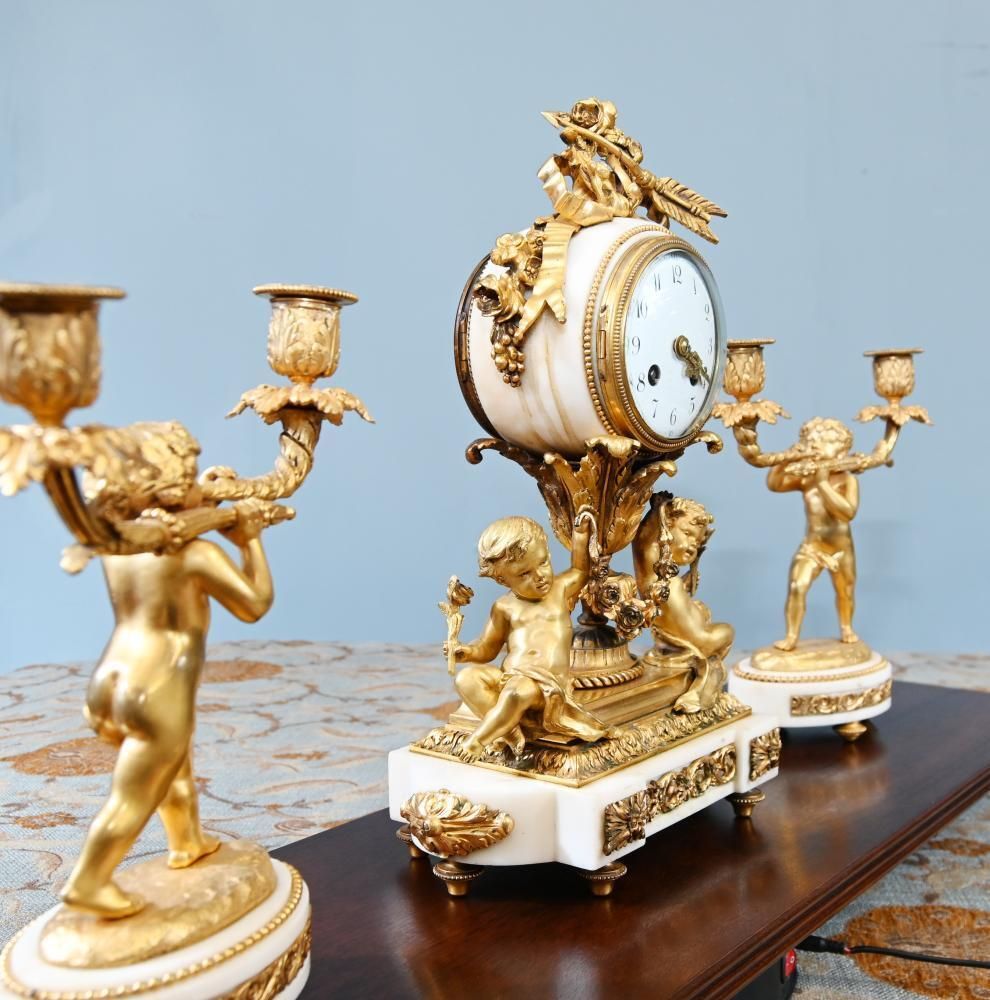 photo furniture French Gilt Clock Set Garniture Cherub Candelabras Louis XV