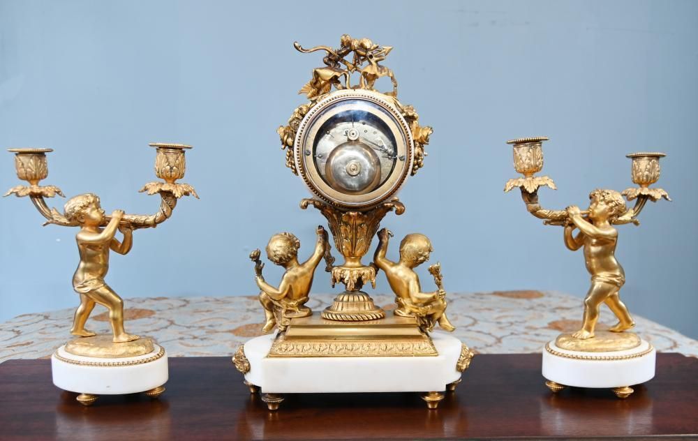 2650.0 French Gilt Clock Set Garniture Cherub Candelabras Louis XV photo