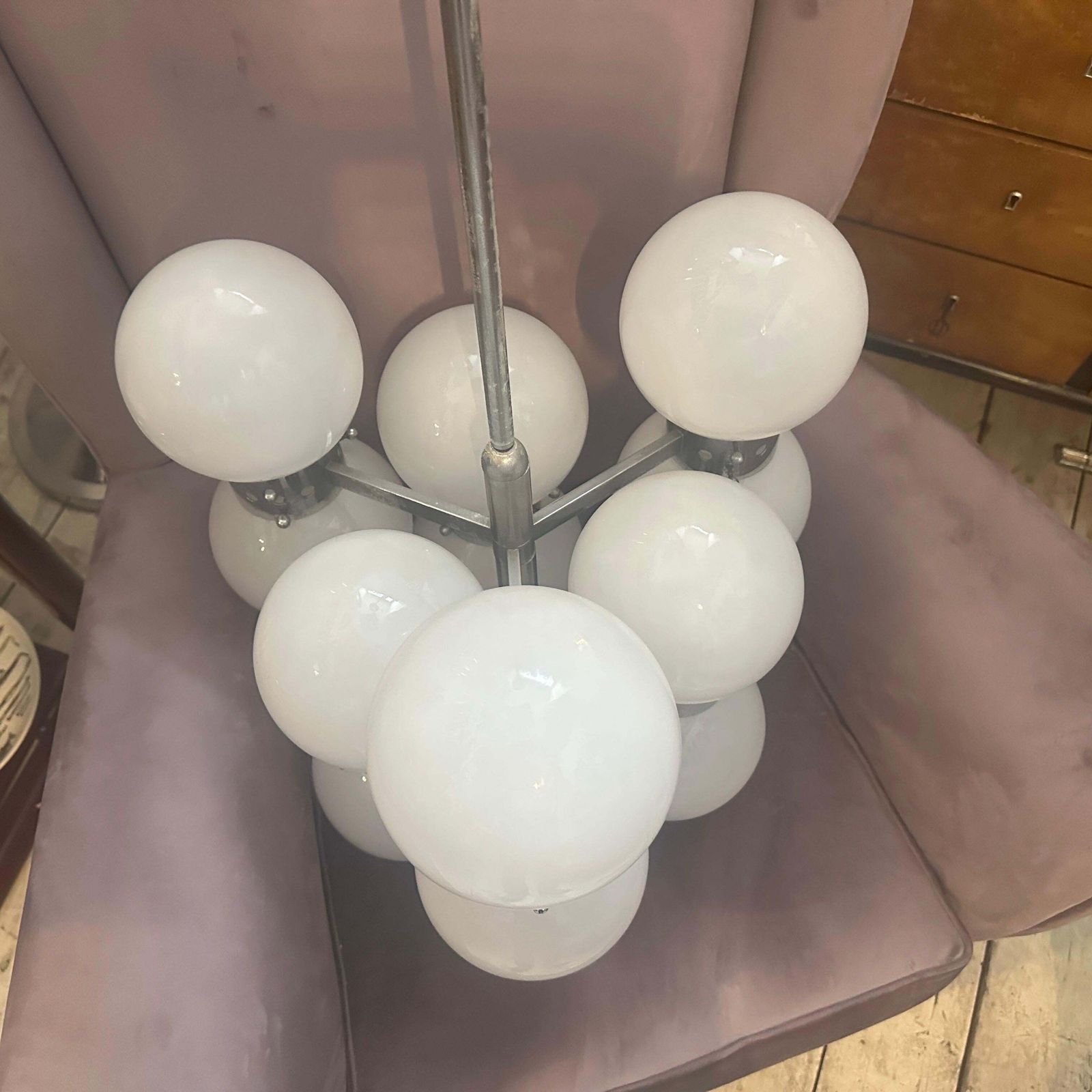 photo furniture 1960s Space Age Steel And Opaline Glass 10 Lights Italian Chandelier