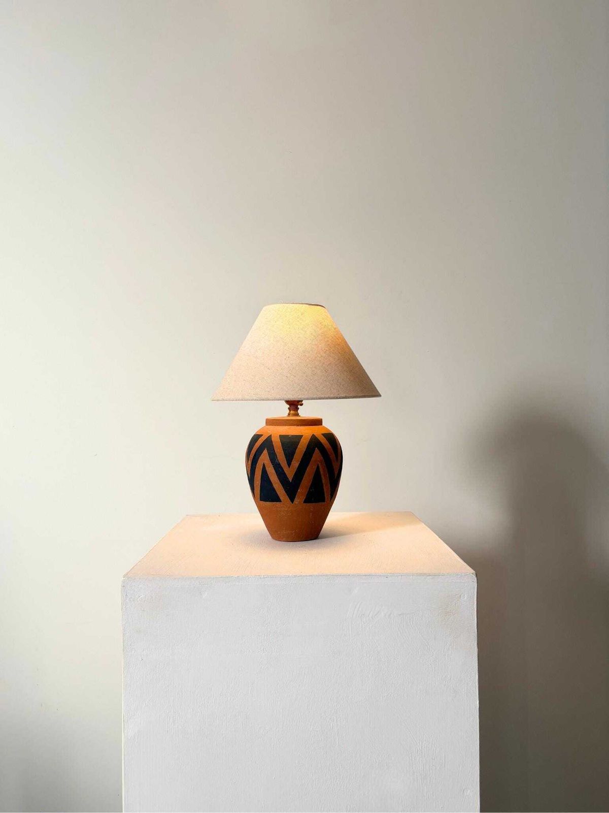 Hand Painted Terracotta Table Lamp With Zig Zag Chevron Design, Rewired And Pat Tested photo furniture
