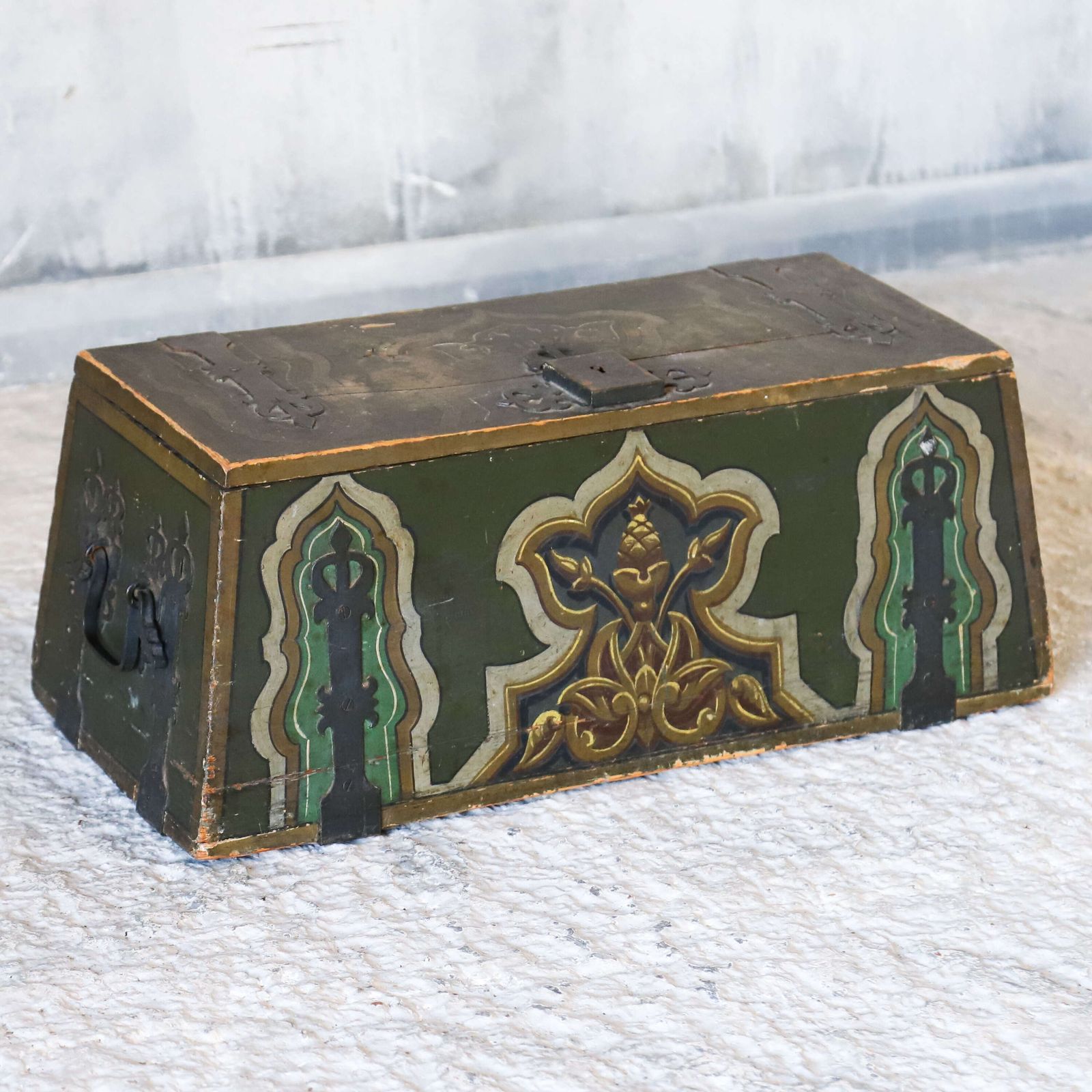 Antique European Folk Art Decoration Chest/Box Dated 1897   Hand Forged Iron Fittings photo for sale