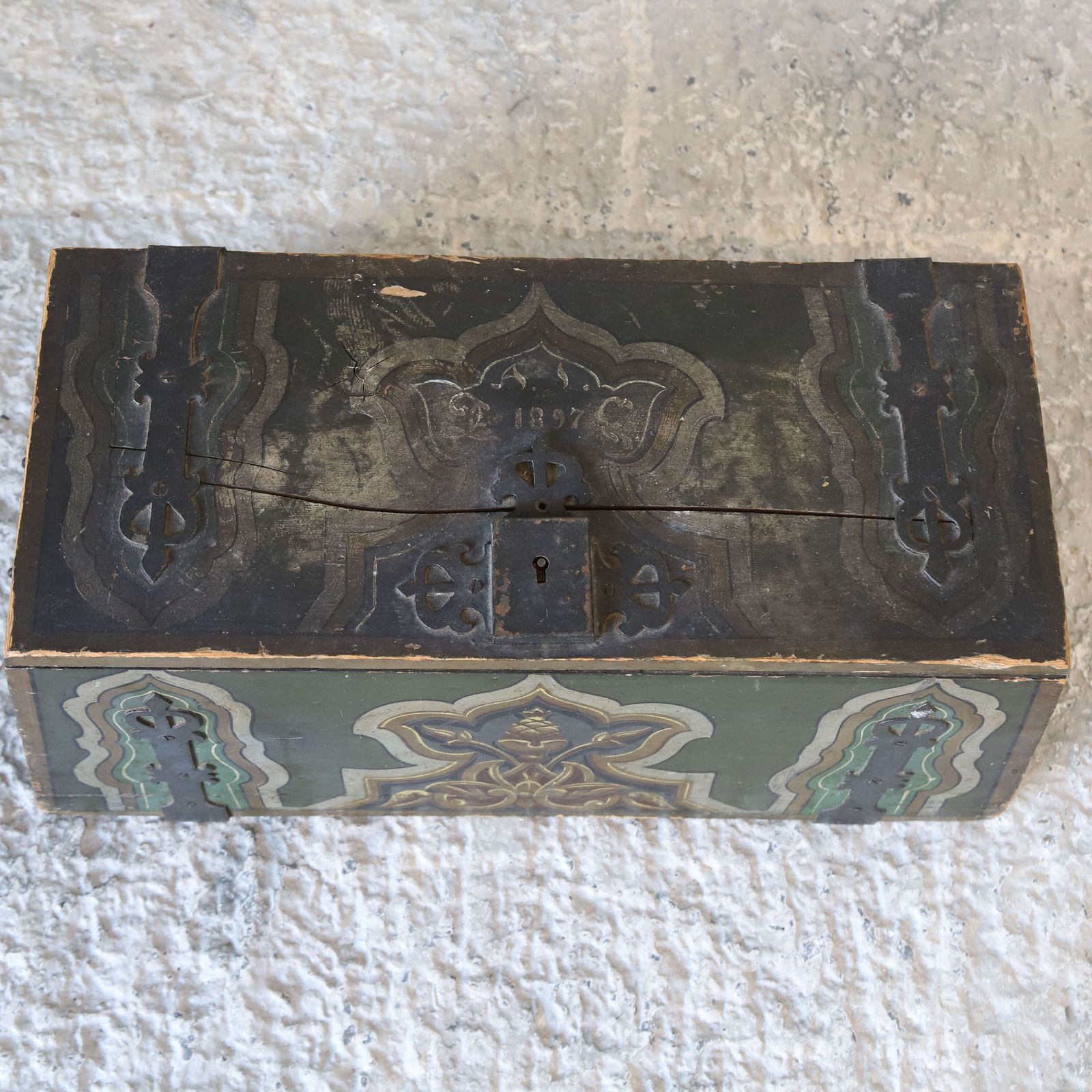 Antique European Folk Art Decoration Chest/Box Dated 1897   Hand Forged Iron Fittings photo buy