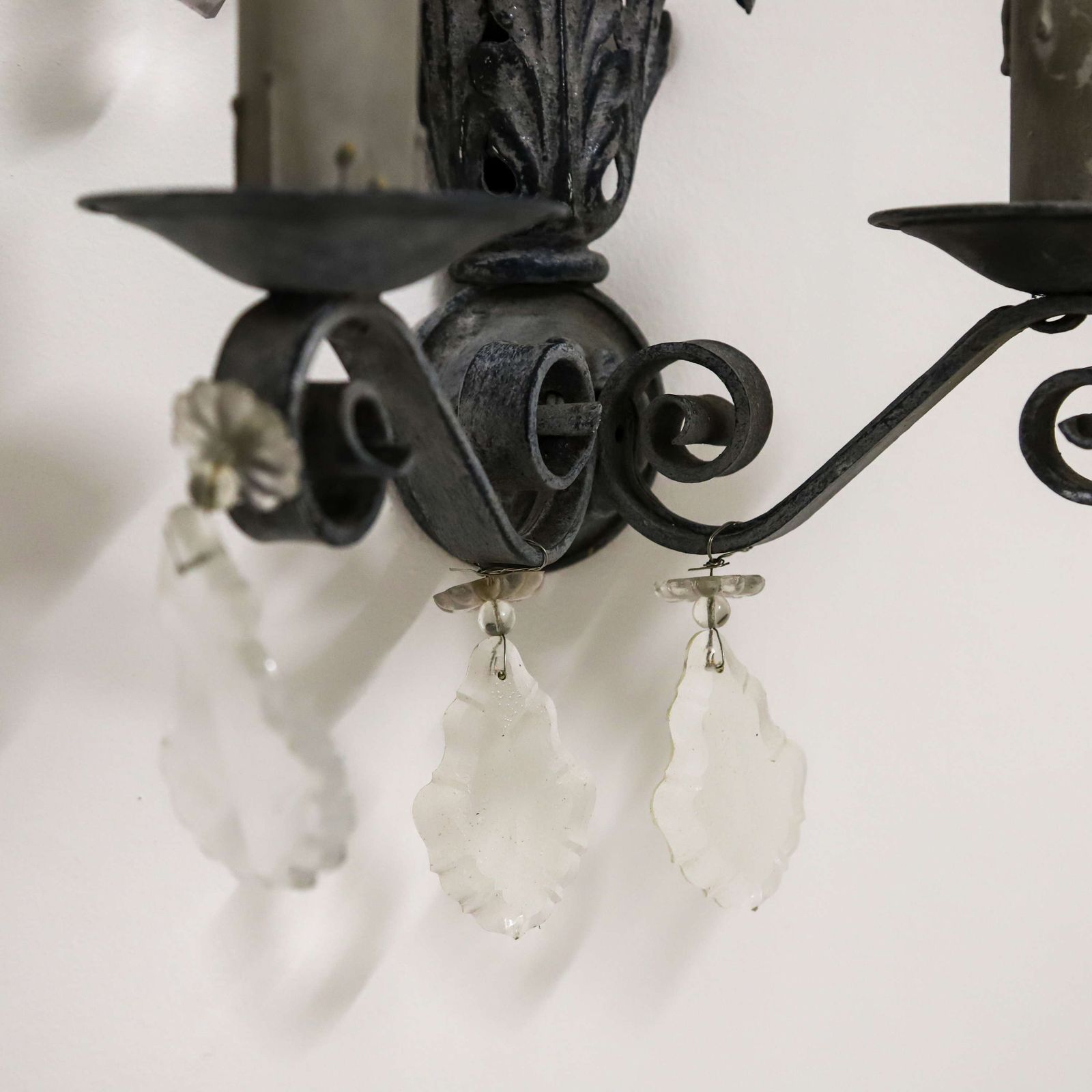 photo vinterior Pair Of Rewired French Wall Lights Circa 1930   Elegant Scrolled Arms & Crystal Drops