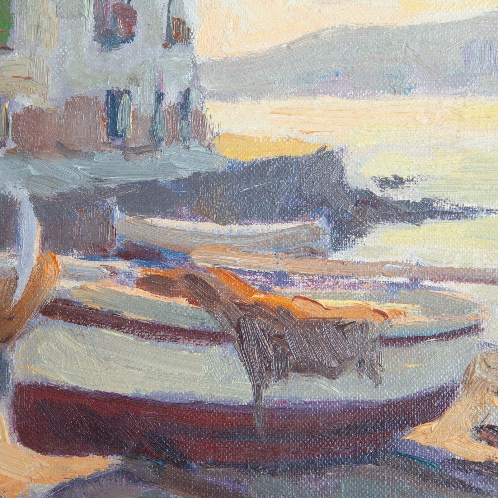 Boten Op Het Strand, Catalonië – Post Impressionistisch Olieverfschilderij   Gesigneerd R. Sans photo for sale