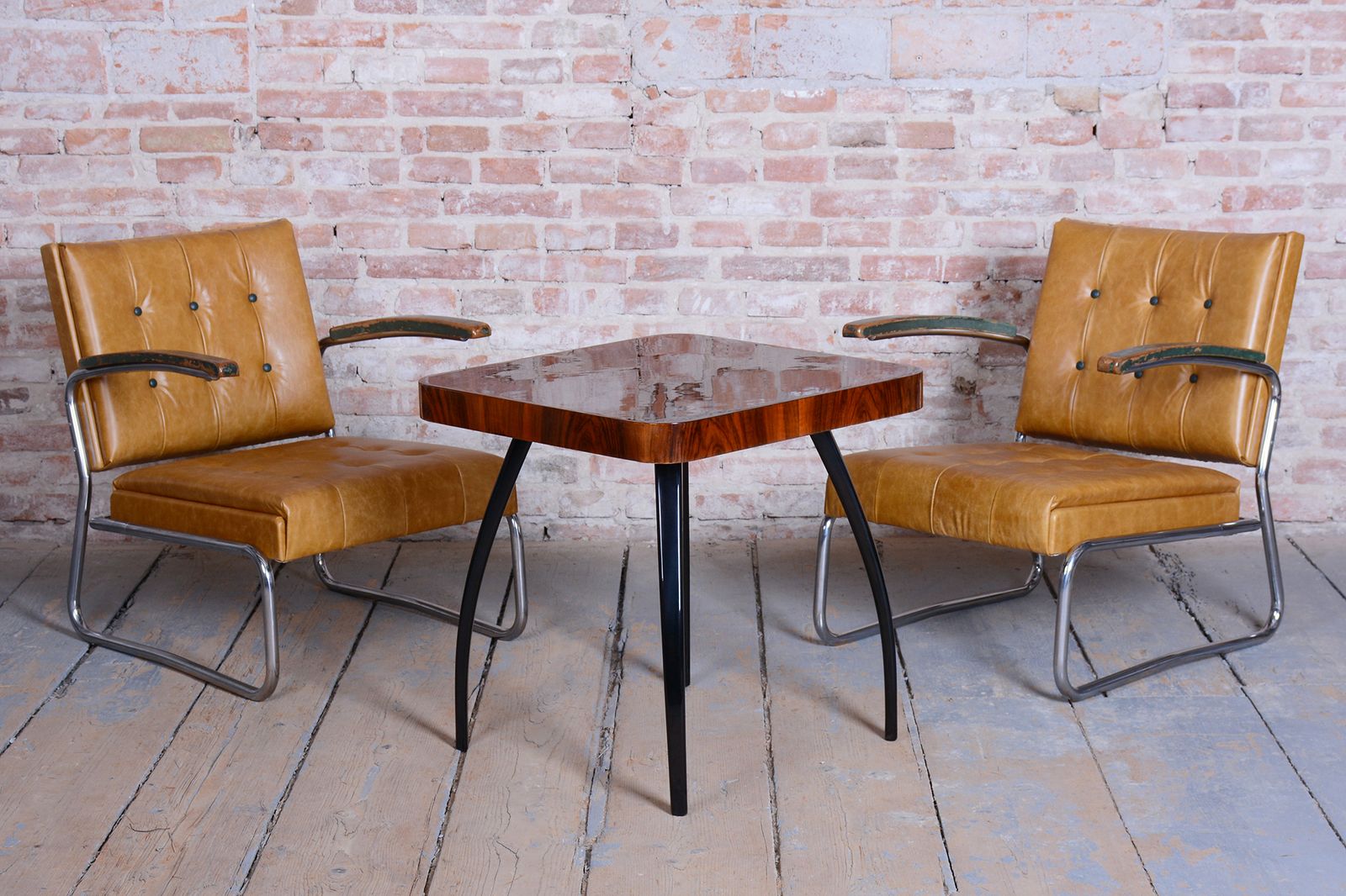 photo vintage Pair Of Restored Bauhaus Armchairs, By Mücke Melder, Beech, Chrome, Czech, 1930s