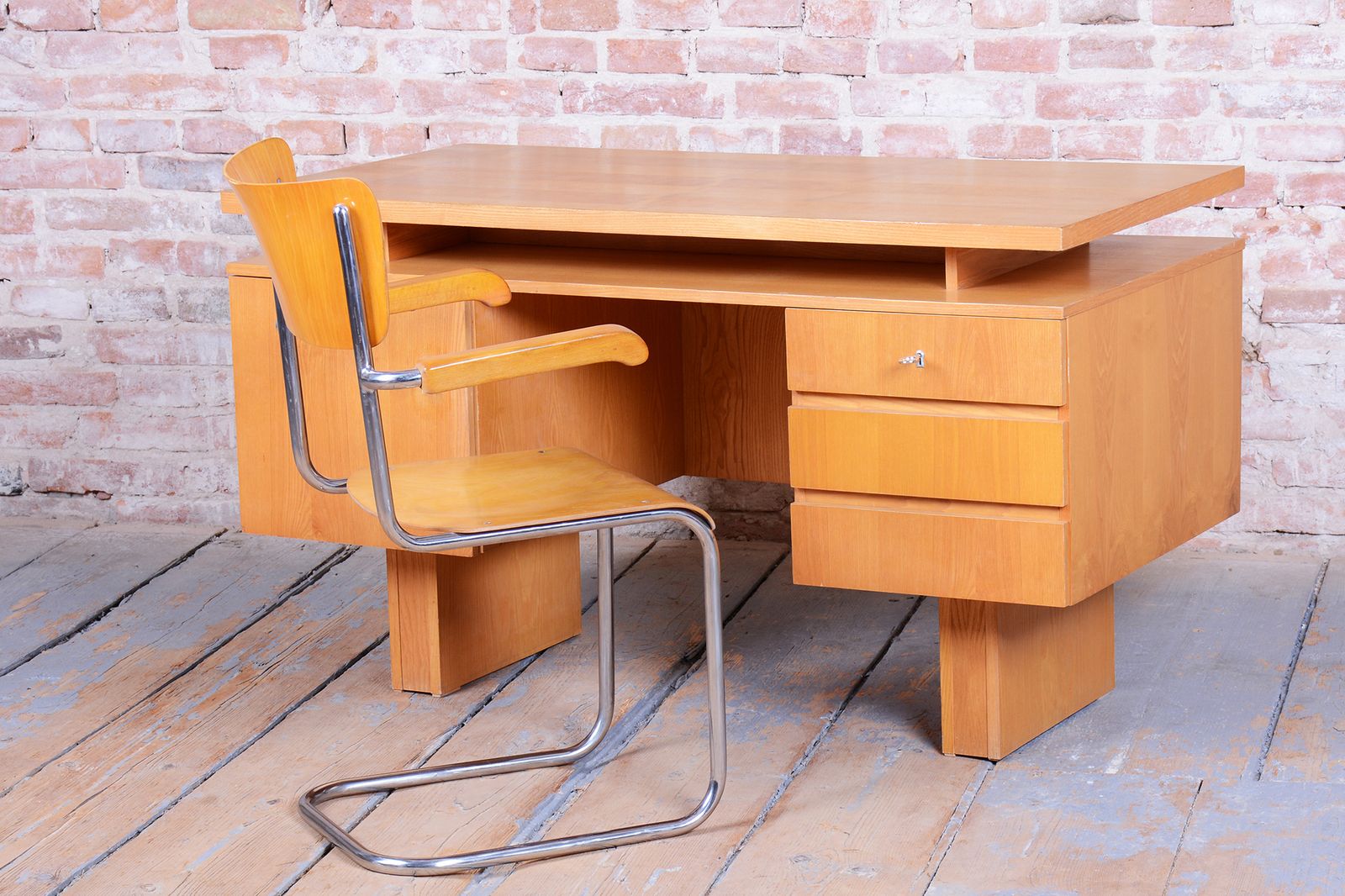 Restored Mid Century Writing Desk, Ash, Revived Polish, Czech, 1960s photo vintage