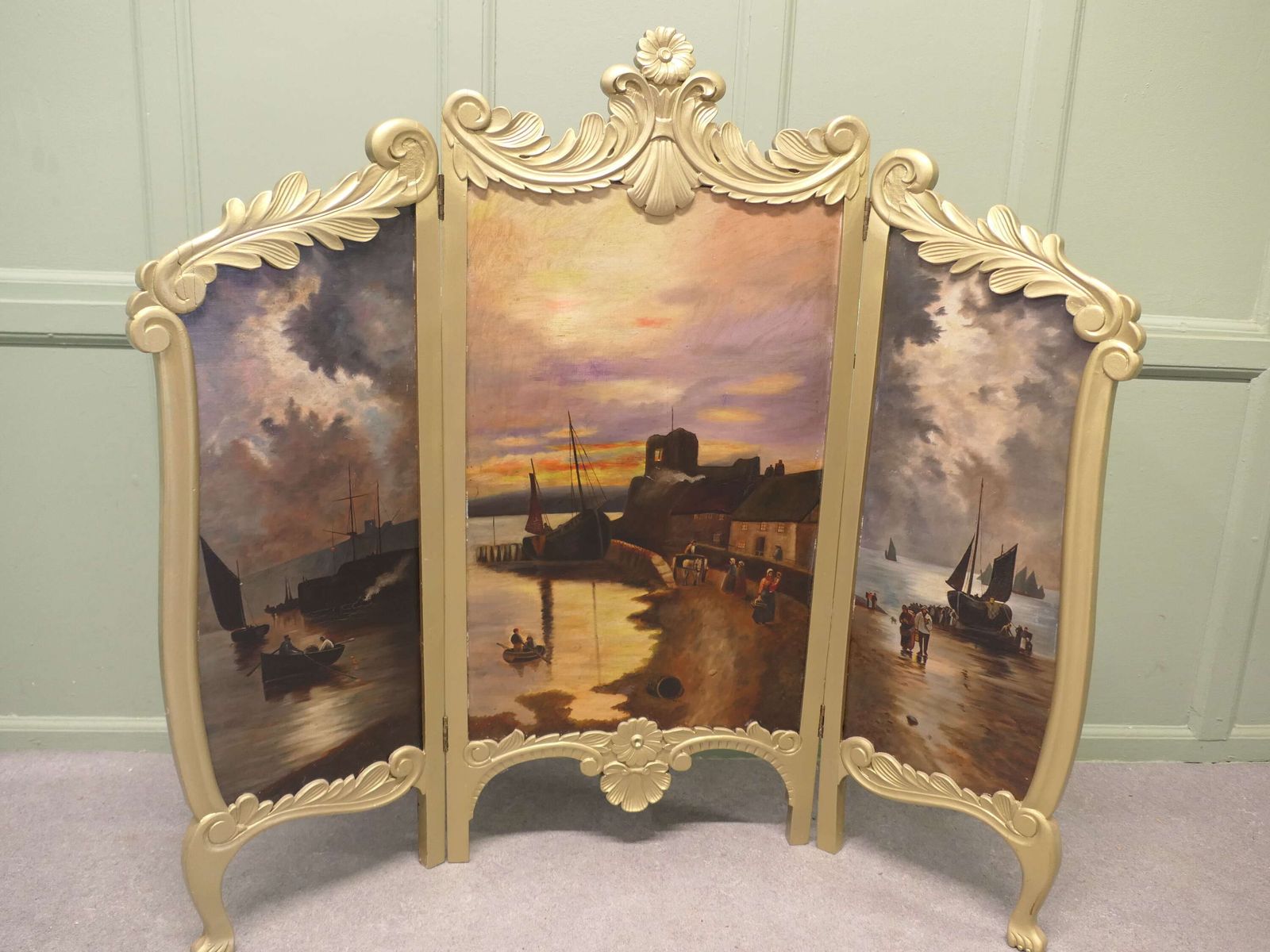 Very Unusual Painted 3 Fold Screen, Gilt Fire Screen photo furniture