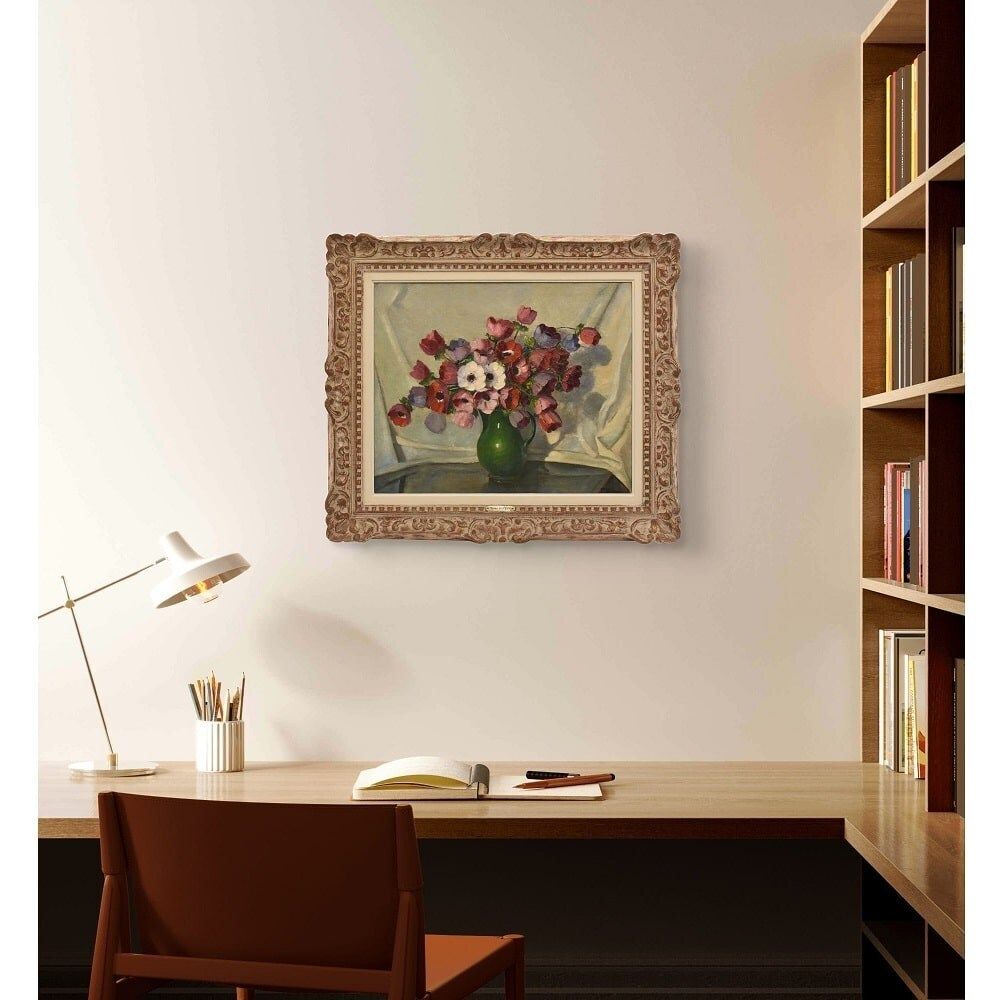 Antique Flower Painting, Bouquet Of Anemones And Poppies, Oil On Canvas, 20th Century, Art Déco. (Qf702) photo furniture