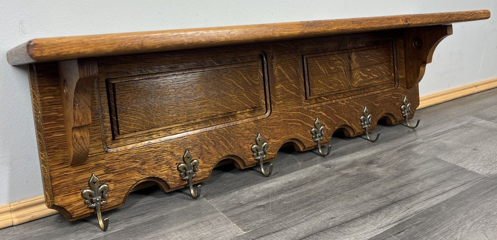 French Vintage Coat Rack Oak 6 Hooks Wall Shelf Carved Coat Hanger Lot 4434