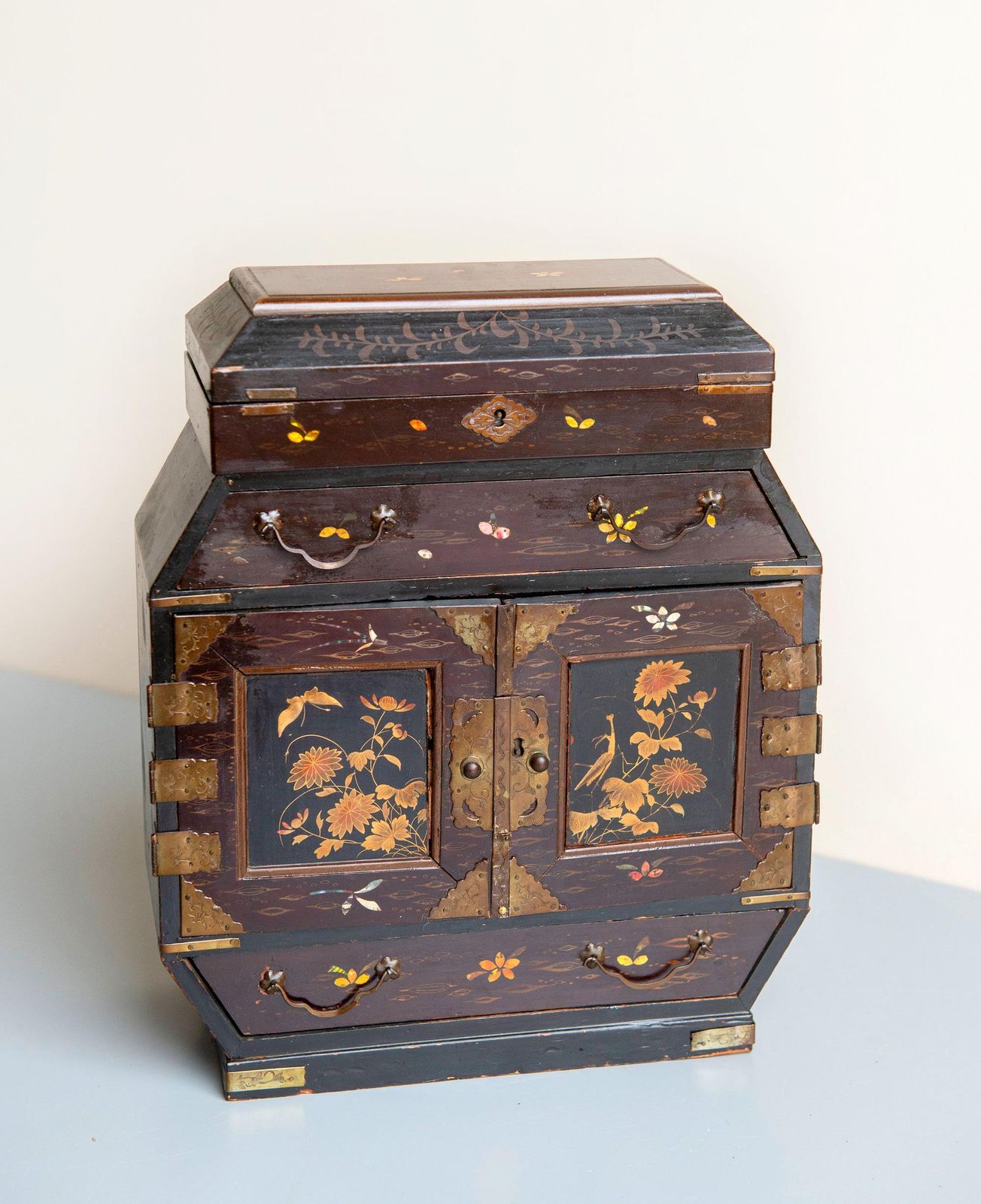 Antique Japanese Cabinet – Meiji Period Lacquered Storage Box – Hand Painted Oriental Chest Of Drawers – Asian Jewelry Box photo Furniture