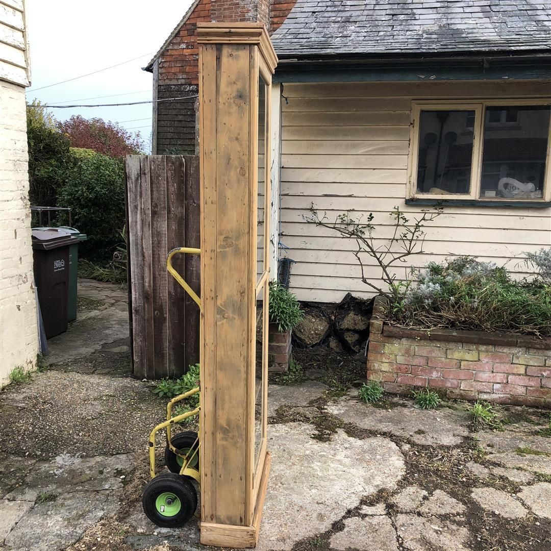 Very Tall Narrow Shallow Antique Pine Glazed Display Cabinet 1920s photo furniture