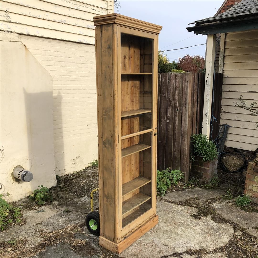 750.0 Very Tall Narrow Shallow Antique Pine Glazed Display Cabinet 1920s photo