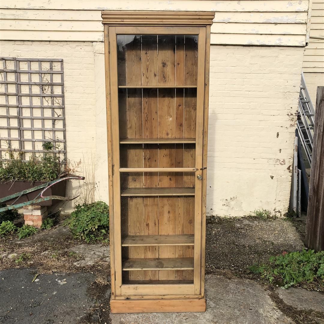photo buy Very Tall Narrow Shallow Antique Pine Glazed Display Cabinet 1920s