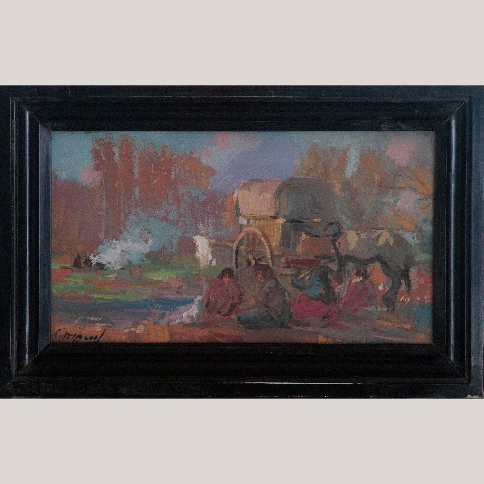 Impressionistisch Olieverfschilderij – Zigeunerkamp – Gesigneerd photo furniture